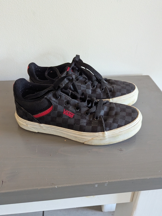 Vans Other - Vans Kids Black Checkerboard Low-Top Sneakers with Red Accents